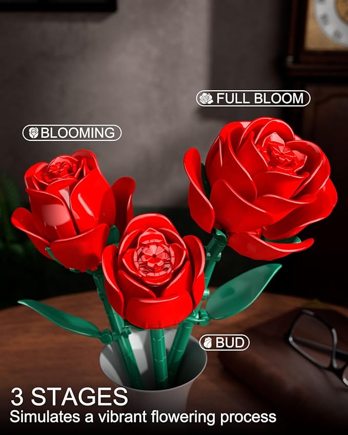 Red Rose Bouquet Building Set 12 Artificial Roses Flower Building Blocks for Adult Women Botanical Collection Home Decor Romantic Gift for Mother's Day Valentine's for Adults Girls (512 PCS)