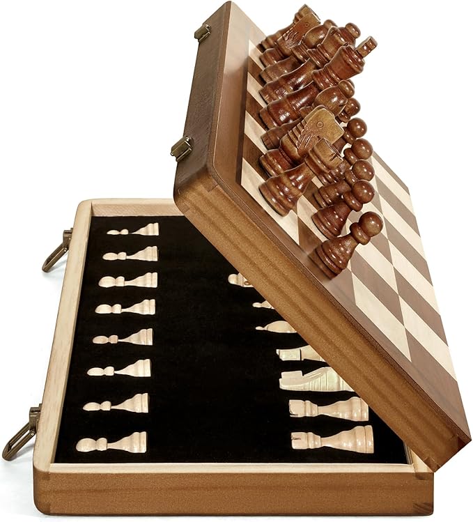 Magnetic Wooden Chess Set 2 Extra Queens 15'' Folding Portable Travel Chessboard with Chess Pieces Storage Slots for Professional Tournament Beginner Adults Kids 6 up Age DUR-001