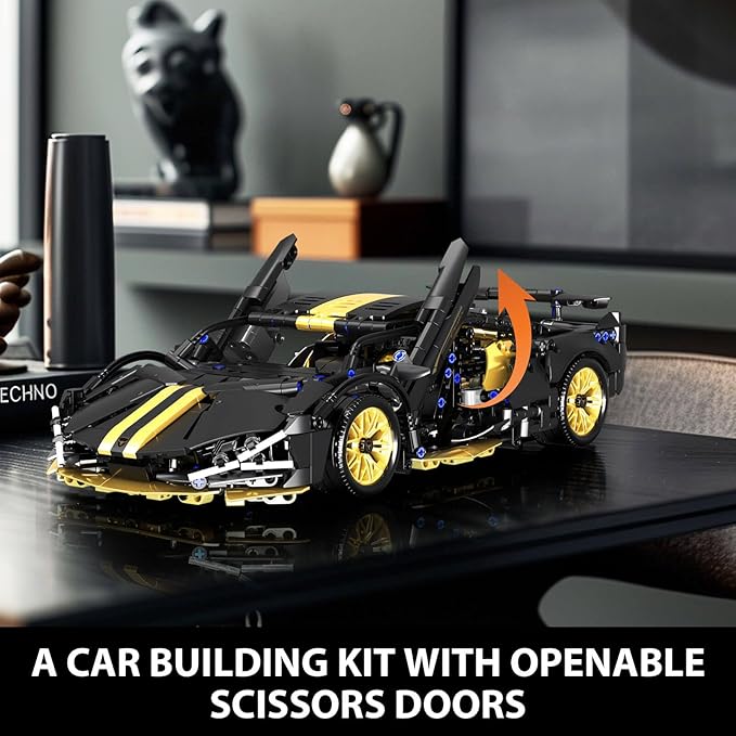 GEVINST Collectible Sports Race Cars Building Set with LED Lights Model Car Kits for Boys 8-12 and up Adults 1:14 Scale Black Gold Supercar Gifts (1309 PCS)