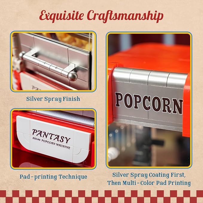PANTASY Popcorn Machine Building Set Vintage Popcorn Maker Model with Interactive Crank Realistic Popcorn Pieces Character Figure and Collectible Display Design for Adults and Retro Lovers