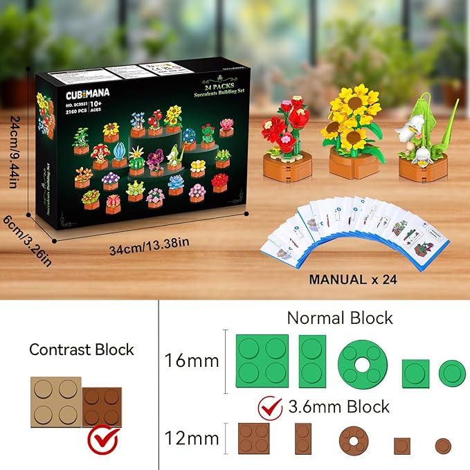 24 Pack Flowers Succulents Building Set - 2160PCS Botanical Collection 3.6MM Mini Flower Kit for Home Office Décor Plant Blocks Toy Easter Party Favors Gifts for Adults Women Kid 10+