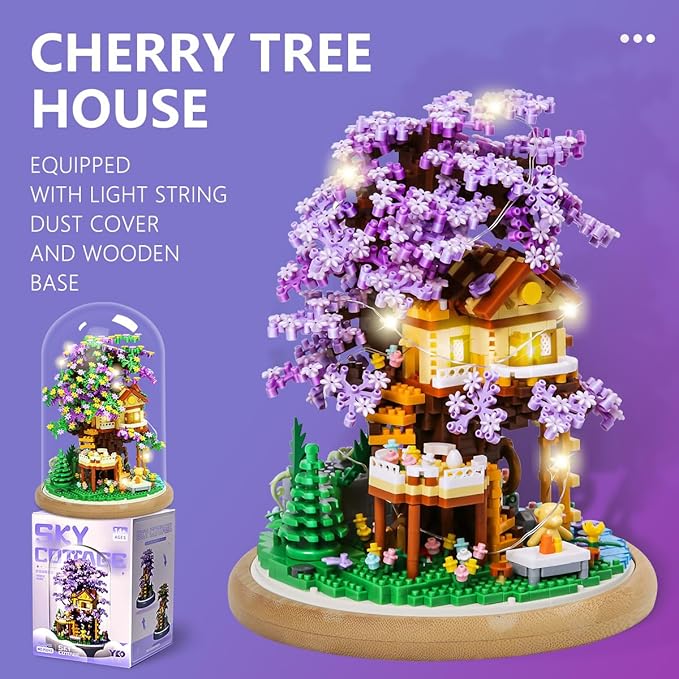 DIY Flower Building Toy Sets Miniature Cherry Blossom Tree House Building Kit Purple &amp Yellow Sakura Flowers Building Blocks Set for Adults &amp Girls - Bonsai Tree Model with Dust Cover