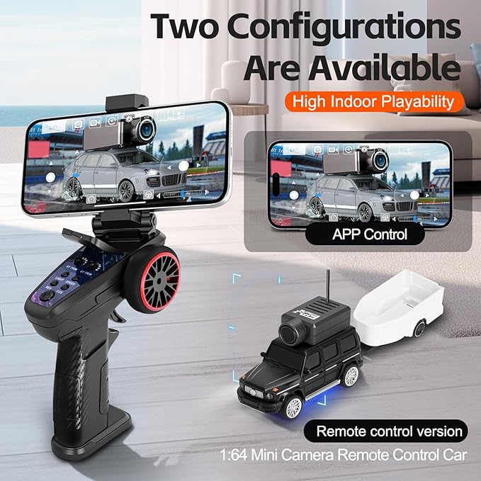 GoolRC WLtoys 6406-C Mini RC Car 2.4GHz 1:64 Scale FPV Remote Control Car with Camera 720P APP Control Rear Drive Vehicle with 2 Trailers and LED Lights for Adults (Black)