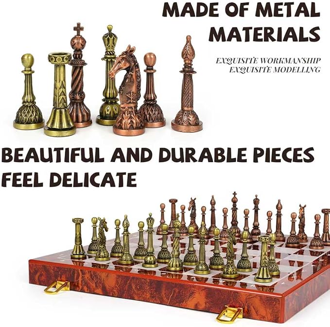 Vintage Metal Chess Set for Adults &amp Kids – Folding Marbling Chess Board with Storage – Elegant Travel Chess Set with Weighted Metal Pieces – Classic Board Game Gift &amp Home Décor