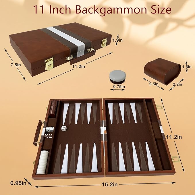 Large Backgammon Sets for Adults Classic Board Games Portable and Travel Backgammon Set with Premium Leather Case (11 Inch)