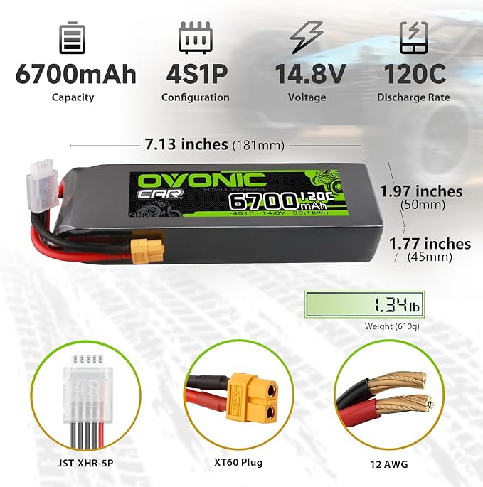 OVONIC 14.8V 4S LiPo Battery 6700mAh 120C with TRA Plug for RC Car RC Truck Airplane Helicopter Boat Car Racing RC Hobby (2 Packs)