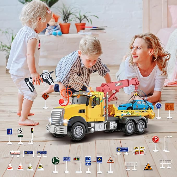2.4GHz Remote Control Tow Truck for Kids – RC Log Truck with Racing Car 4 Channel RC Transport Crane Vehicle Toy with Lights &amp Sounds 28PCS Traffic Signs 2 Batteries – Birthday Gift for Boys Gi