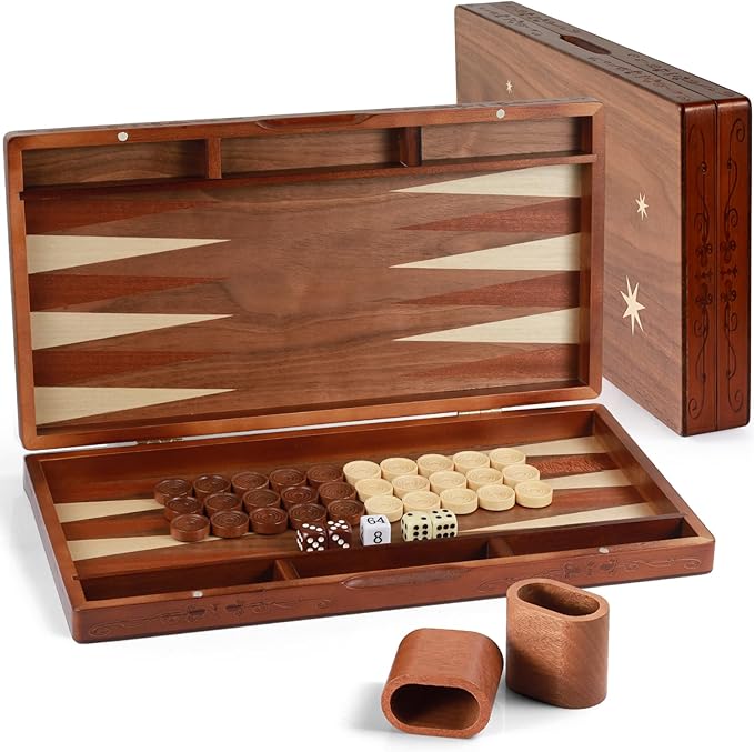 Handcrafted Wooden Backgammon Set 16 Large Size Classic Two-Player Strategy Board Premium Travel Game Board for Adults &amp Teenagers