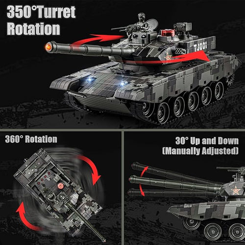 1/24 RC Tank 2.4Ghz Chinese 99 Remote Control Tank &amp 330°Turret Rotation. 2 × Rechargeable Batteries Infrared Battle Toy with Smoke LED Lights and Sound Effect Gift for Boys
