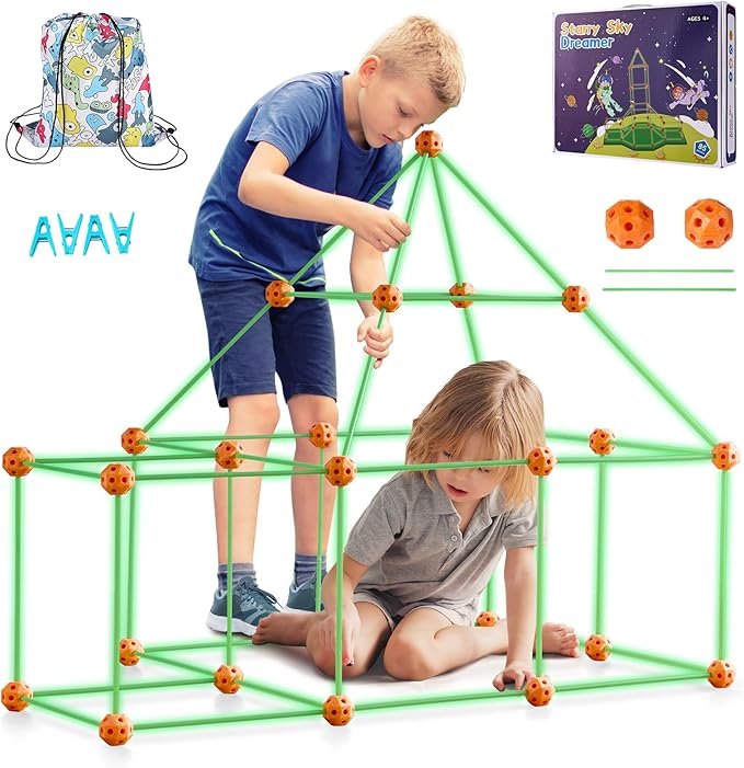 VEVOR Fort Building Kit for Kids 85PCS Glow in The Dark STEM Building Toys Educational Gift for 4 5 6 7 8+ Year Old Boys &amp Girls Indoor Outdoor Play Tent Construction Toys with 55 Rods and 30 B