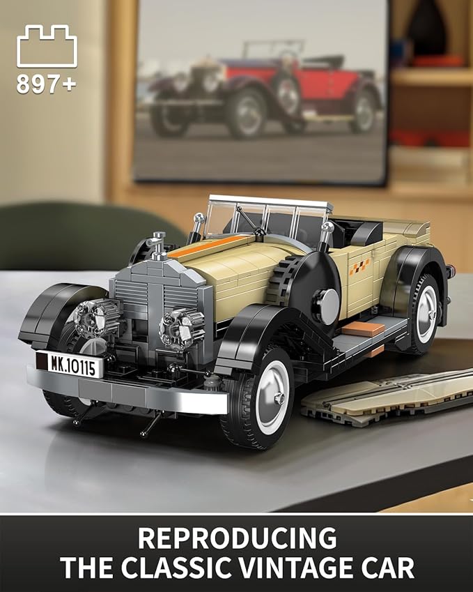 Mould King 10115 Classic Vintage Car Building Kit Retro Car Building Blocks Sets 1:16 Scale Convertible Sports Cars Display Model Collectible Set for Adults to Build Toys for Youth(897 Pieces)