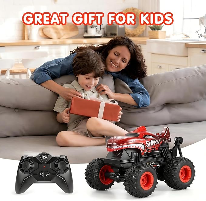 DYODYORC Remote Control Car 2.4Ghz All Terrain Shark Monster Truck Toys RC Truck with Music 3 Lighting Effects 360 Stunt Capable 2 Batteries Ready to Run Toy Gifts for Boys and Girls (Red)