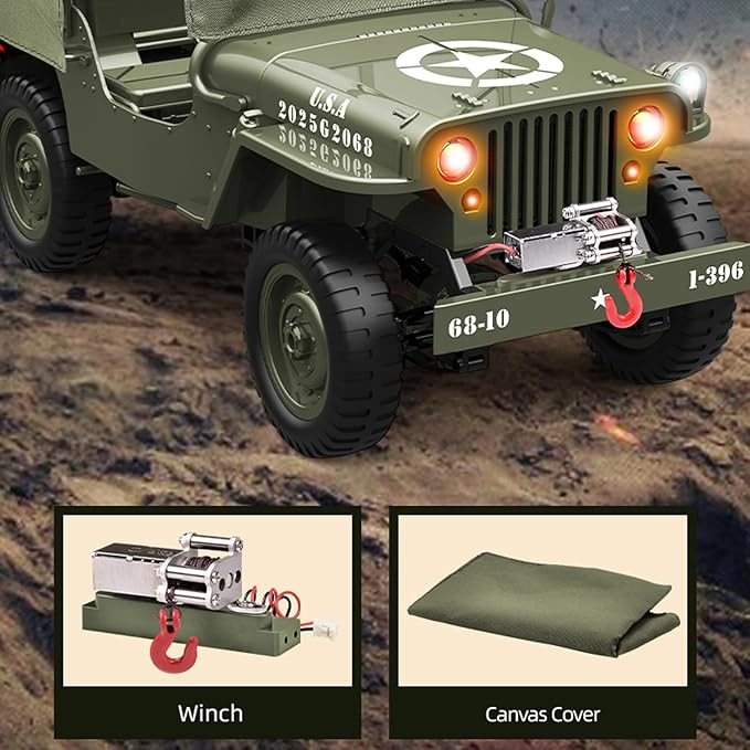 RC Crawlers 1:10 Scale New Upgrades D888 Willys Military Jeep 2.4Ghz 4WD Off Road Rock Crawler Vehicle with Lights All Terrain Electric RC Jeep Toy for Adult Teens