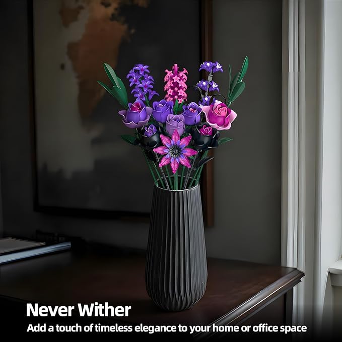 Purple Rose Flowers Bouquet Building Set - Valentines Decor Compatible with Lego Flowers for Adults Women - Gothic Home Office Table Centerpiece Decor Halloween Christmas Valentine's Gift