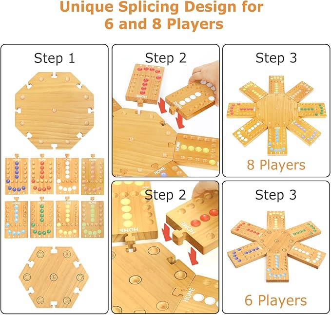 Marble Board GameWooden Board Game for 6-8 PlayersPortable Design Marble Game with 32 Marbles 16 Dice Family Game Night Gift for Kids &amp Adults