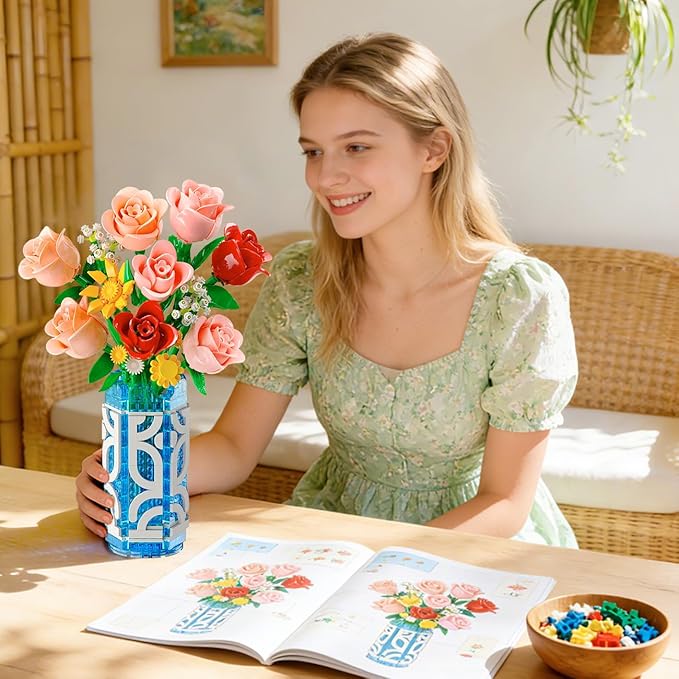 14 Flowers Bouquet Building Set with Vase and LED Light Easter Gifts for Family Friends 747 PCS Mini Roses Flower Building Blocks Toy Artificial Roses Flowers Home Decor &amp Display