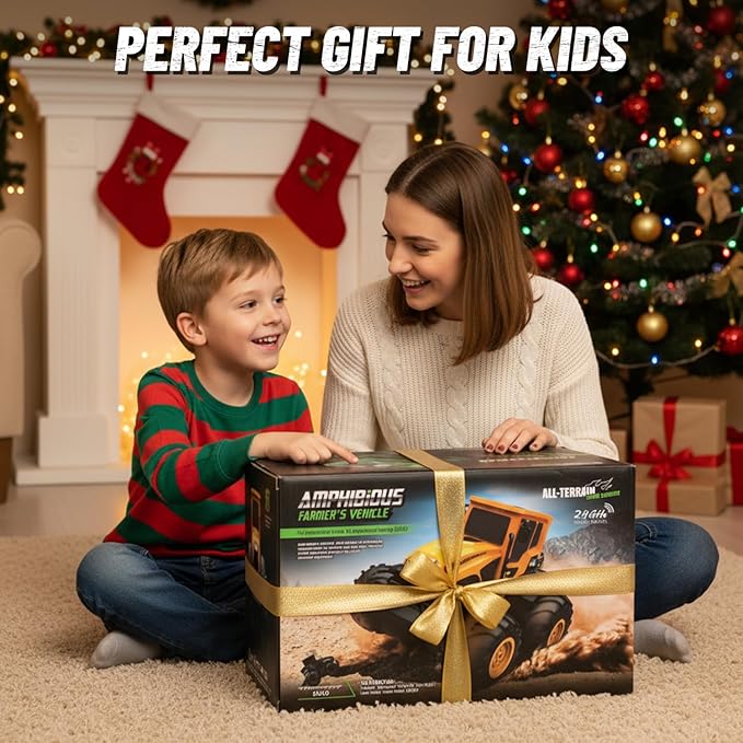 Remote Control Tractor Toy - 1:14 Amphibious RC Monster Truck Toys for Kids 2.4 GHz 4WD All Terrain Off-Road Farm Vehicle Perfect Birthday for Boys and Girls