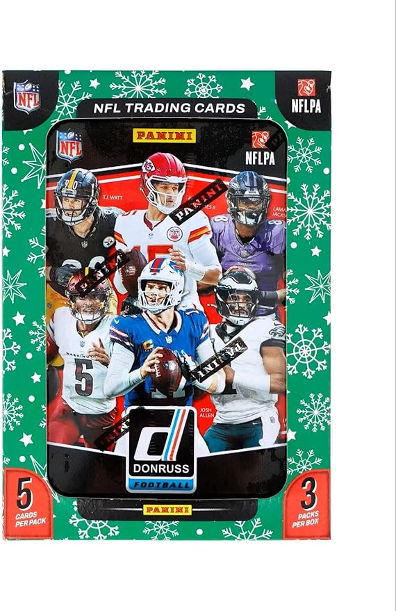 2025 Panini Donruss Football Winter Holiday Tin Trading Card Box (3 Exclusive Press Proof Purple Cards Per Tin)