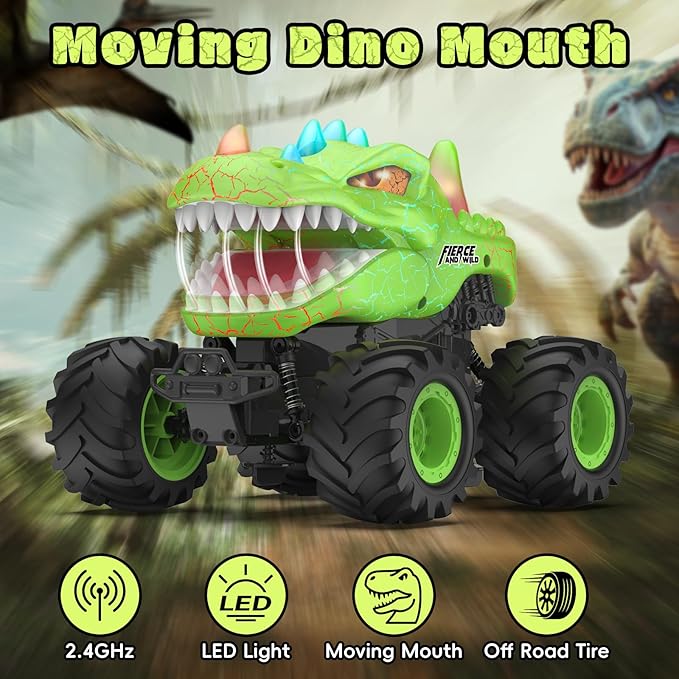 Dinosaur Remote Control Car 2.4GHz Monster Truck Toys Rechargeable RC Cars 1:24 Scale RC Truck with LED Light Movable Mouth Dinosaur Cars Toys for Kids Boys 6-8 8-12 Birthday Gift Green
