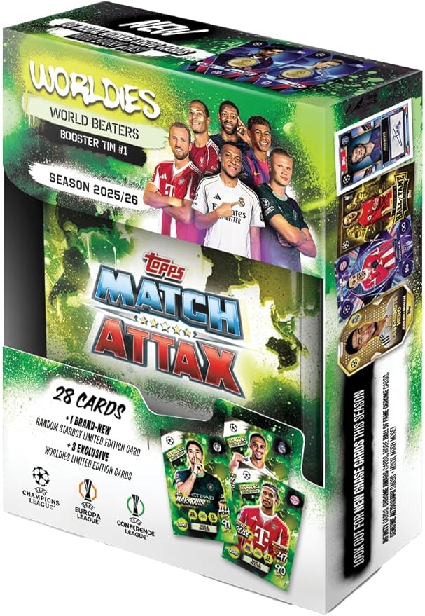 Topps UCC Match Attax 2025/26 - Random Mini Tin - Contains 28 Match Attax Cards Plus a Random Star Boy LE and 3 Exclusive 'Worldies' LE Cards