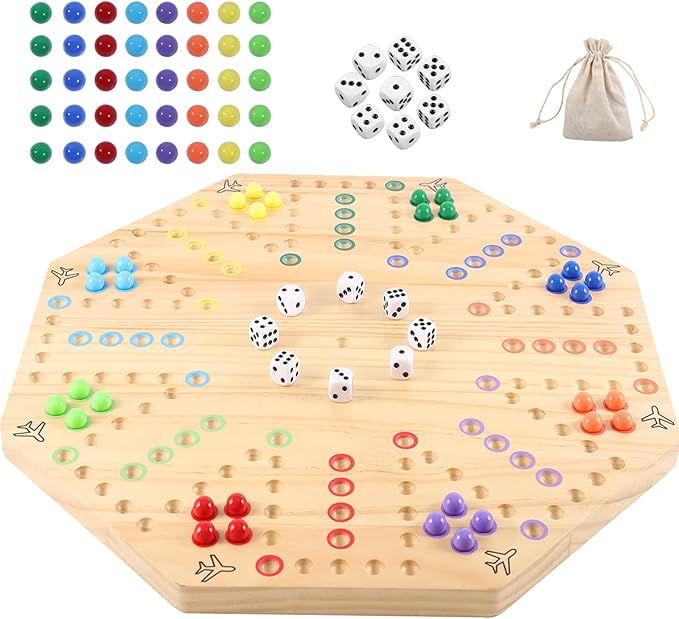 HOROW Wahoo Board Game Wooden Original Board Game Classic 2 Side Painted Fast Track Game for 6 Player and 8 Player with 32 Marbles8 Dices for Family Game Night(8-PlayerLog)