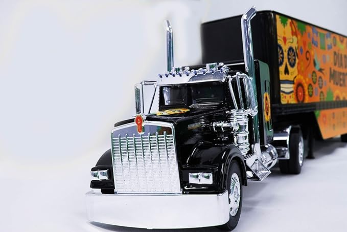 Shop72 1:32 Scale Toy Truck with Trailer Diecast Semi Long Hauler Truck Collectible Long Hauler with Dry Van Trailer Diecast 18 Wheelers Semi Replica Kenworth W900 Model - Dia DE Los Muertos