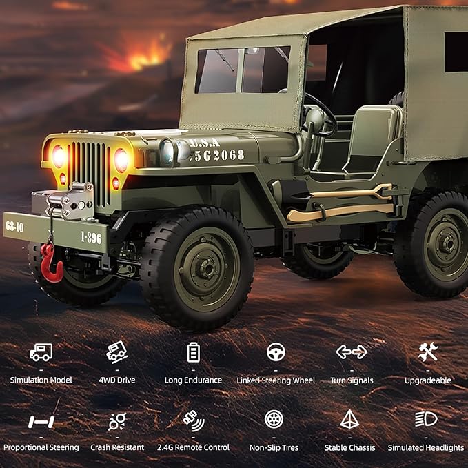 RC Jeep 1/10 Scale Willys Hobby RC Car Off-Road Military Crawler 2.4Ghz Military Truck 4WD RC Crawler with Light Tarpaulin Metal Shaft 4x4 Off Road Vehicle RTR Jeep Car 2 Batteries