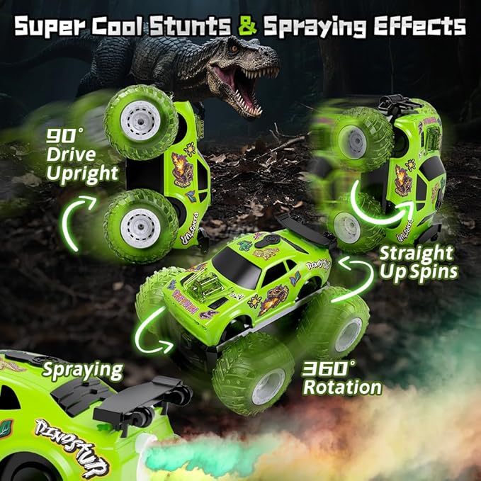 Remote Control Car for Toddler Monster Truck for Boy Age 4-7 with Dinosaur DIY Sticker Headlight Colorful Light Spin and Mist Birthday Gift Toy for Boy Age 3-5 5-7