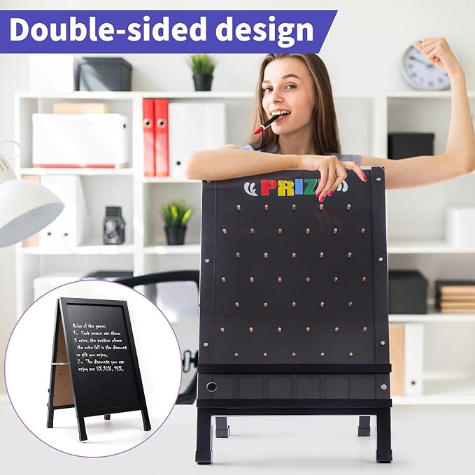 Prize Drop Game Board 15.7X27.5 Double-Sided Foldable Design with Wooden A-Frame Chalkboard Sign for Family Carnival Trade Show &amp Party-Includes 10 Coin Drop Discs and Chalk Set Portable Des