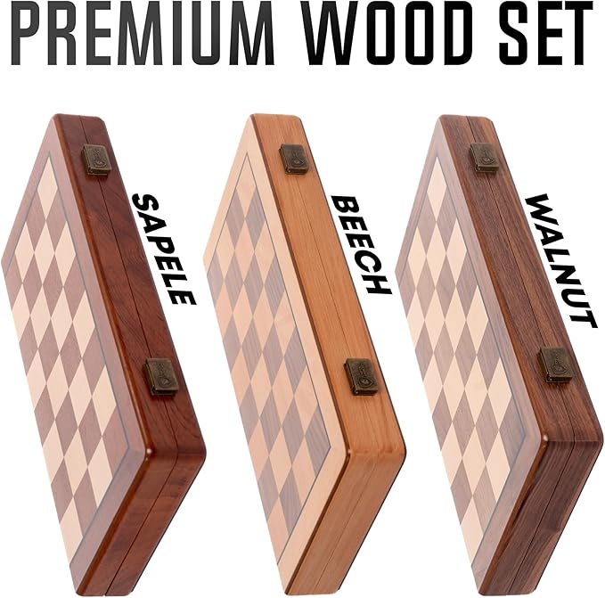 Chess Armory Wooden Chess Set 15 Inch - Premium Sapele Wood Handcrafted Game Board for Adults and Kids with Extra Queen Pieces and Storage Box - Ideal for Home and Travel - Non-Magnetic