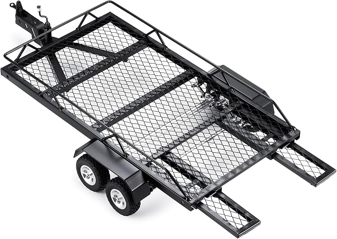 RC Trailer for Hauling Behind Car - Metal Hitch Mount Trailer with 4 Tires Heavy Duty Truck and RC Rock Cars Trailer for 1/18 RC Crawler TRX4M Defender Bronco K10 High Trail F150