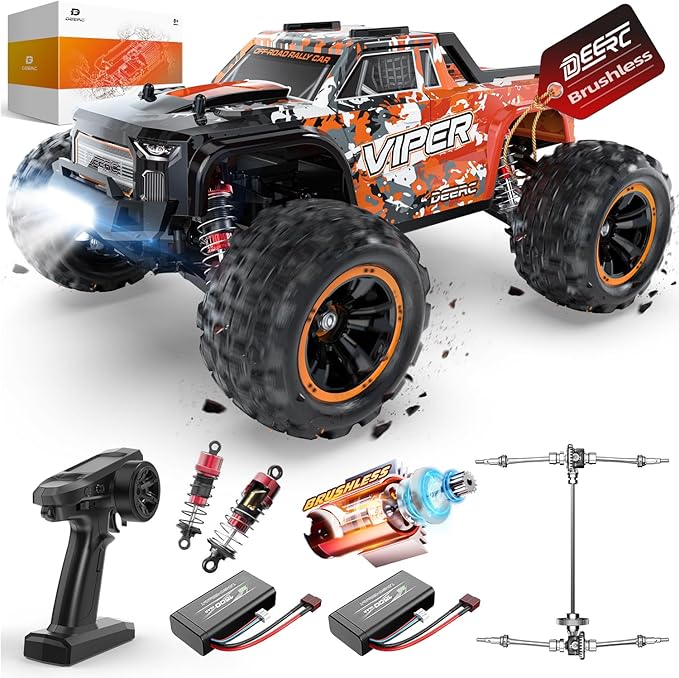 DEERC H16R Brushless Fast RC Cars1:16 52KM/H High Speed Remote Control Car4X4 All Terrains RC Monster TruckWaterproof Off-Road Hobby Electric Vehicle Car Gift for Adults Boys2 Li-ion Batteries