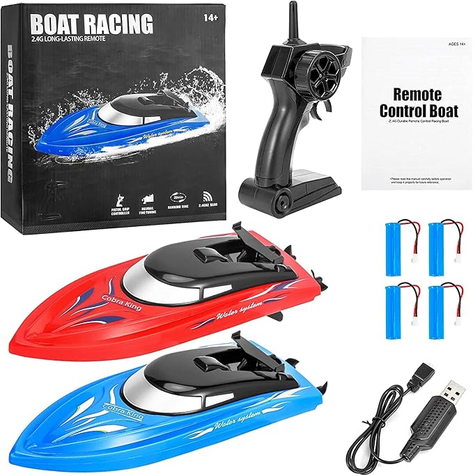 2PACK RC BoatRemote Control Boats for Kids and Adults10km/H 2.4G High Speed Remote Control BoatFast RC Boats for Pools and Lakes with 4 Rechargeable Battery.(Blue+Red)