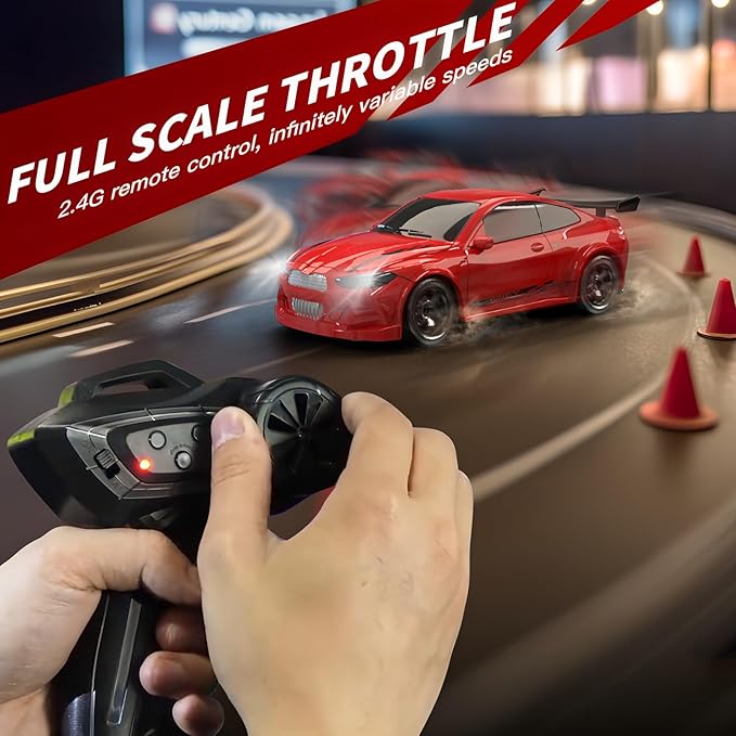 Desktop Mini Size 1:64 Scale 4WD RC Drift Car with Skill-Building Drift Control &amp LED Lights – Learn Drift Techniques Fast Charge Adjustable Throttle 2.4GHz Remote – Red
