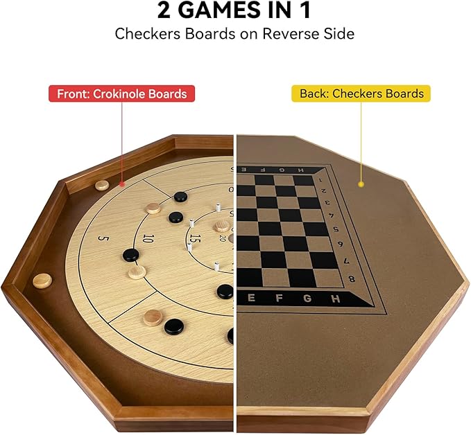 30 Inch Tournament Crokinole Board Game 2 in 1 Crokinole and Checkers with 26” Playing Surface Metal Pegs Wooden Octagon Canadian Tabletop Board Game Krokinole for Families and Friends