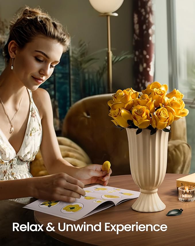 iATOM Yellow Rose Bouquet Building Set 12Pcs Flowers Botanical Collection Kit for Adults Valentine's Day Gift for Her/Girlfriend/Mom/Wife/Couple Modern Home Office Table Centerpiece Decor Aesthetic