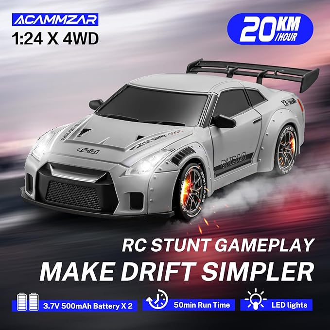 ACAMMZAR RC Drift Car 1:24 Remote Control Car for Kids 20KM/H 4WD High Speed RC Cars with LED Lights Two Batteries Extra Drifting Tires Vehicle for Adults Boys Girls