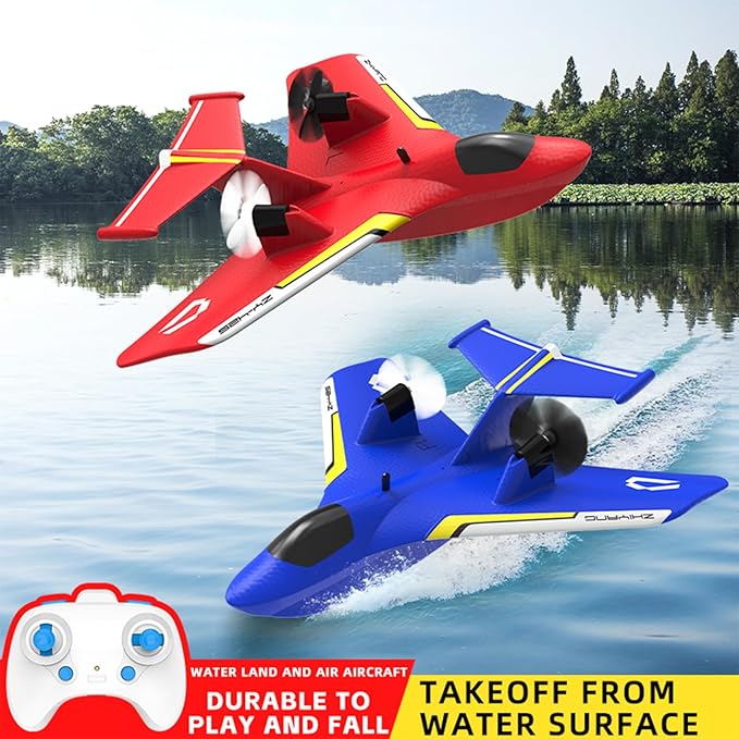 Remote Control Wireless Airplane Toy Gravity Gliders Airplane With Lights Rc Plane For Water Land &amp Air Rc Float Plane 2.4G 2 Channels Rc Remote Control Fighter Model Toy For Adults Kids (Blue