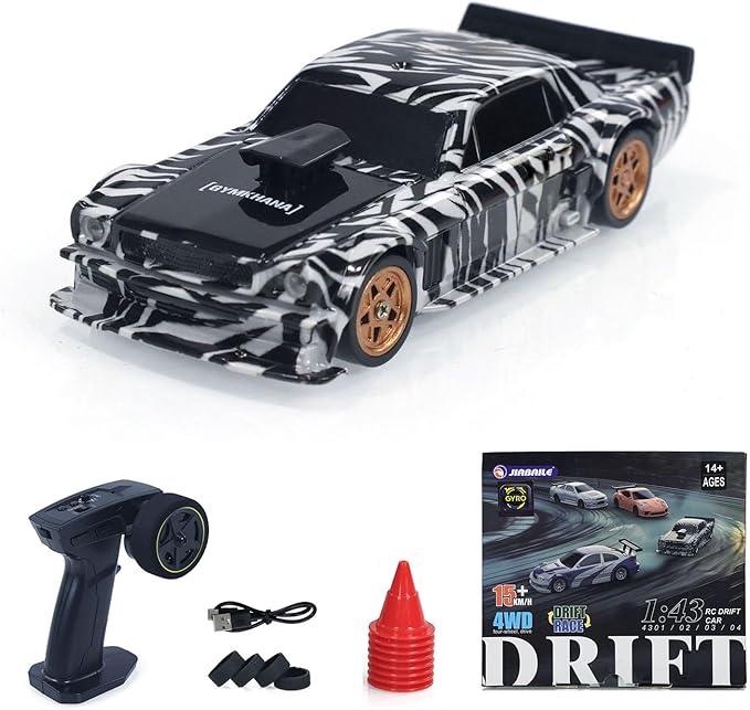 TOUCAN RC HOBBY 1:43 Ready to Run Race Car Gyro Drift Car 4WD Traffic Cones Mini Toy for Men(White Black)