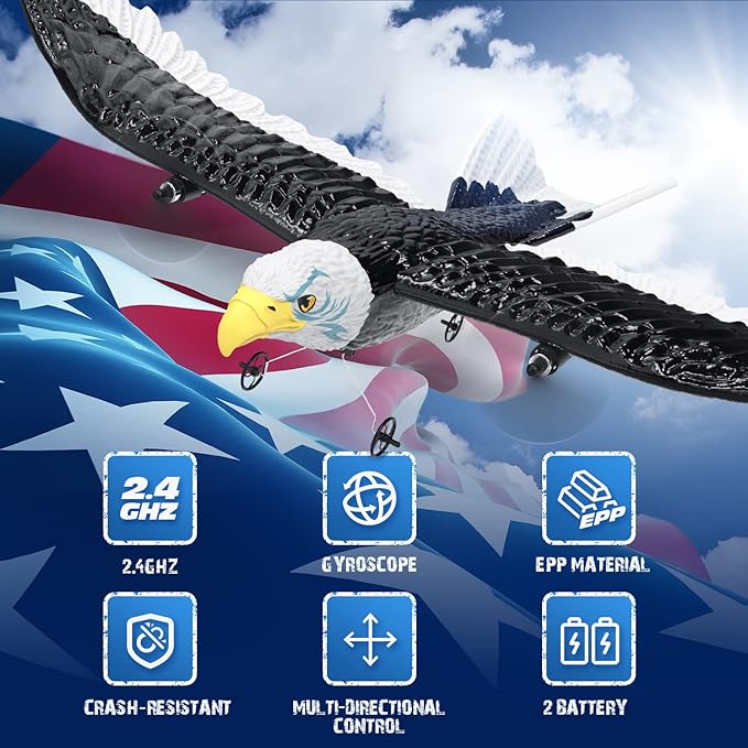 DEERC RC Plane Remote Control Eagle Plane RTF Airplane 2.4GHZ 2CH Flying Bird with 2 Batteries &amp Propeller 6-axis Gyro Stabilizer Easy to Fly for Beginners Adults Kids Boys