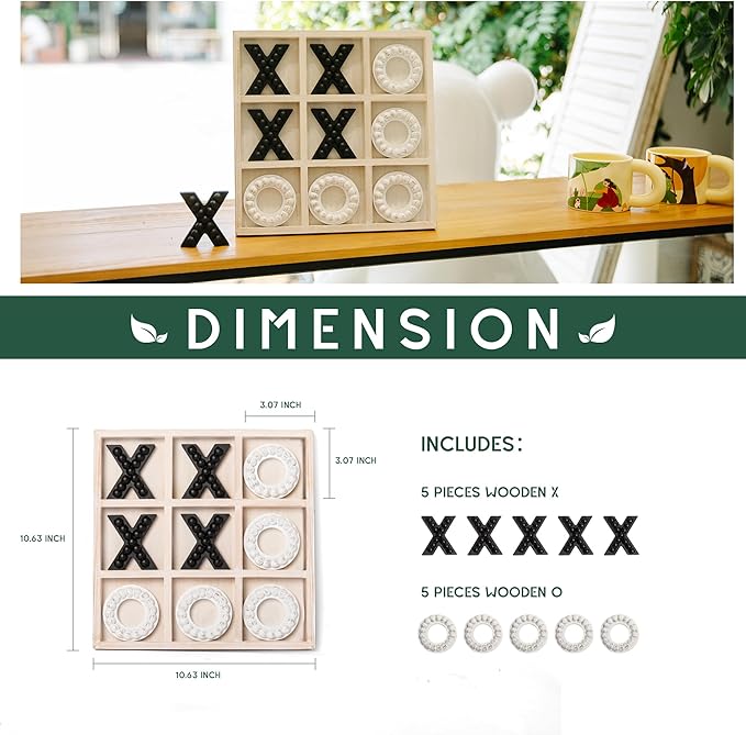 GENMOUS White Wooden Tic Tac Toe Game Board for Seniors Family Indoor 10.6 Inch White Rustic Giant Tic Tac Toe Coffee Table Decor Tic Tac Toe Board Game Fun for Family Travel Outdoor Game Room Decor