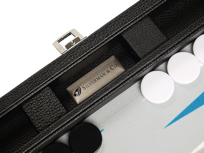 13-inch Premium Backgammon Set - Travel Size - Black Board White and Astral Blue Points
