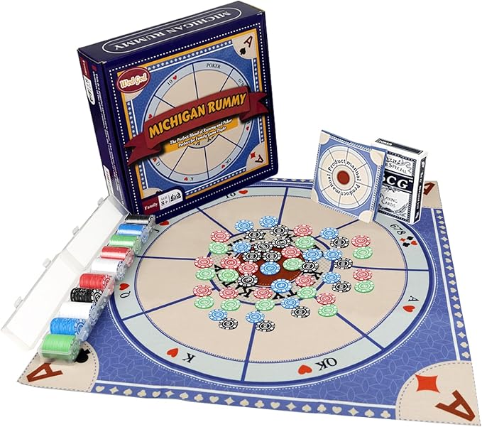 Michigan Rummy Deluxe Board Game SetTripoli Board GameIncludes A 27.6in Felt Game Mat 2 Boxes of Playing Chips (200 Pieces) 1 Deck of Poker1 Game InstructionsPerfect for Family Game Night