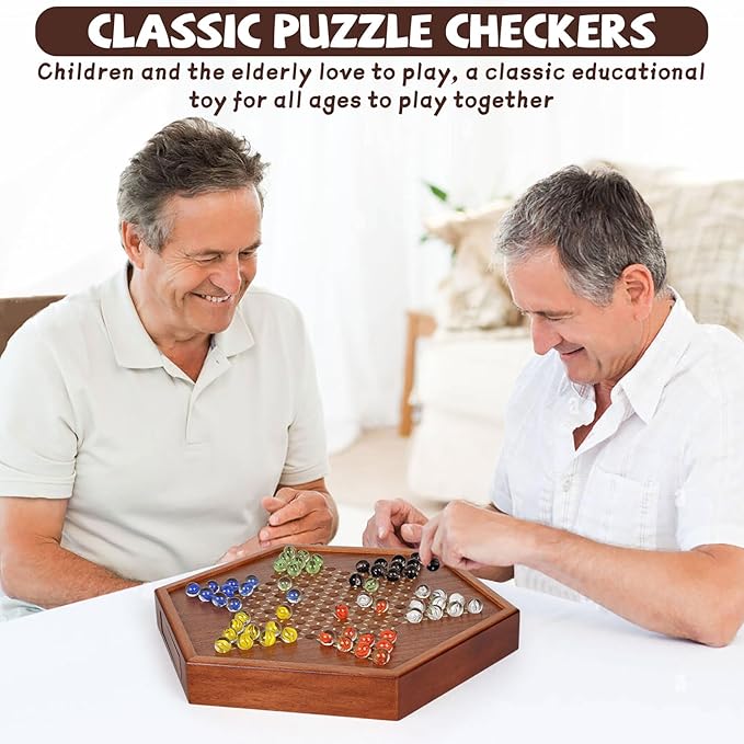 15-Inch Wooden Chinese Checkers Board Game Set – Classic Strategy Game with 72 Glass Marbles Dual-Sided Storage Drawer Family Board Games for Adults Educational Travel and Indoor Game