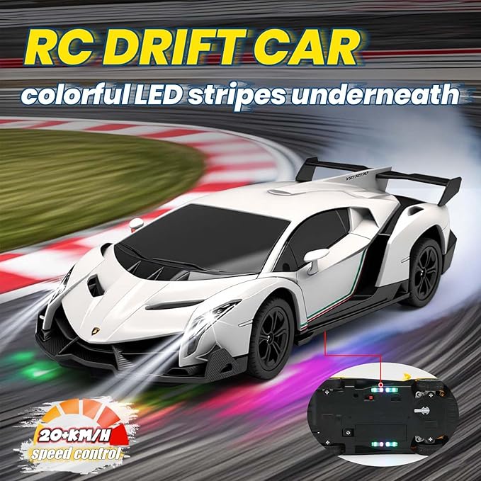 QUN XING Remote Control car 1:24 Officially Licensed Lambo veneno RC Drift Car with LED Lights 2.4GHz 4WD 15KM/H High Speed Rechargeable Battery Birthday Gift for Kids 8-12 White