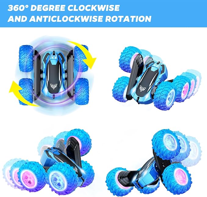 KKONES Remote Control Car 2.4GHz Double Sided 360° Flips Rotating Electric Race RC Stunt Car LED Wheel &amp Headlight High Speed Off Road Cars Toy Gift for 3 4 5 6 7 8-12 Year Old Boy Toys (Blue)