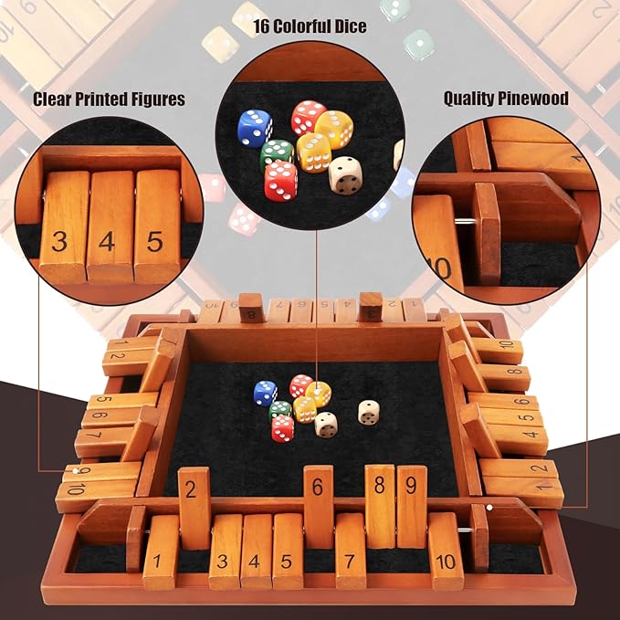 4 Players Shut The Box Dice Games Wooden Board Table Math Game with 12 Dice and Instructions Classics Close The Box Board Game for Adults Kids Family Classroom Home or Bar