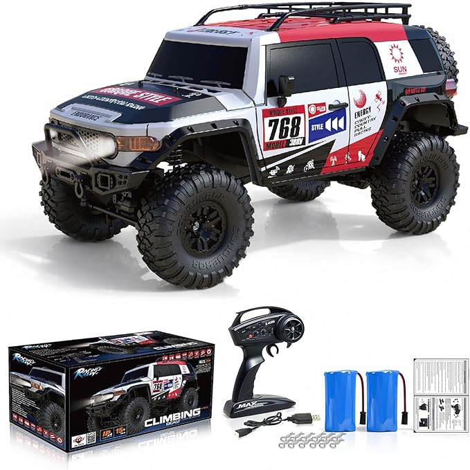 RC Cars RC Crawler 1/10 Scale RTR Remote Control Car 4WD 2.4GHz Brushed Offroad Racing Hobby Grade Model Vehicle with LED Lights 2Pcs Battery Toy for Kids and Adults