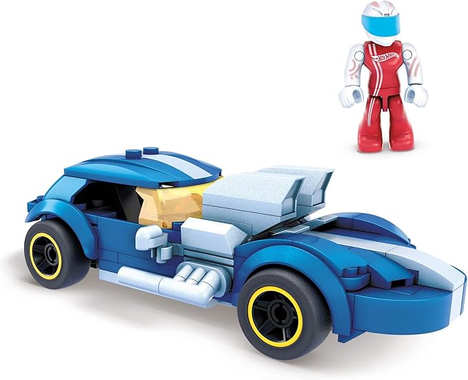 MEGA Construx Hot Wheels Race Car Building Toys Set Twin Mill with 111 Pieces 1 Micro Action Figure Driver Blue Kids Ages 5+ Years