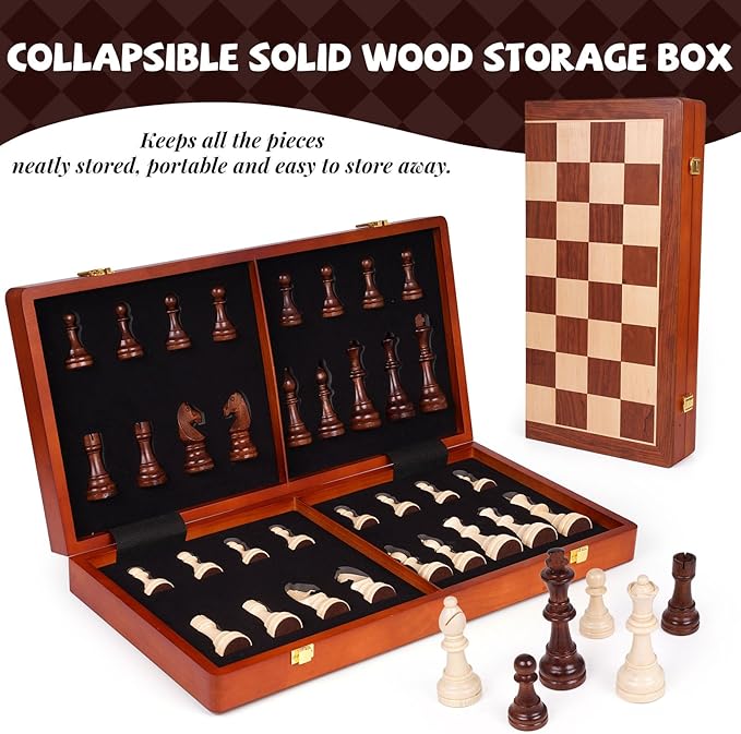 20 Inch Super Large Wooden Chess Set Hand-Carved Wooden Chess Pieces with 4.5” King Built-in Storage &amp 2 Extra Queens Luxury Folding Tournament Chess Board Game for Adults and Kids